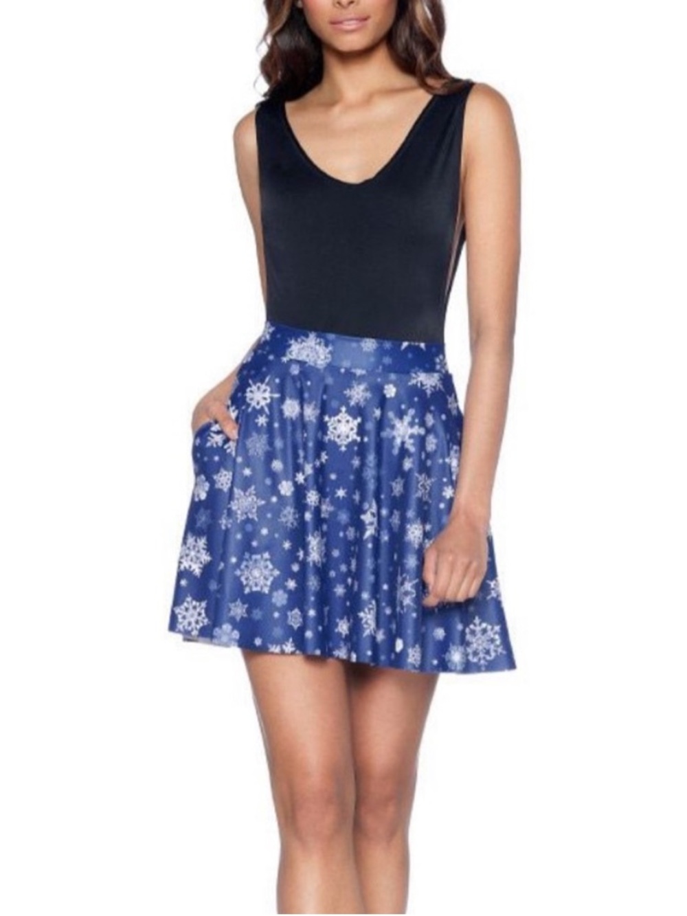 Blackmilk Navy Blue Snowflake Snowfall Skater Pocket Skirt